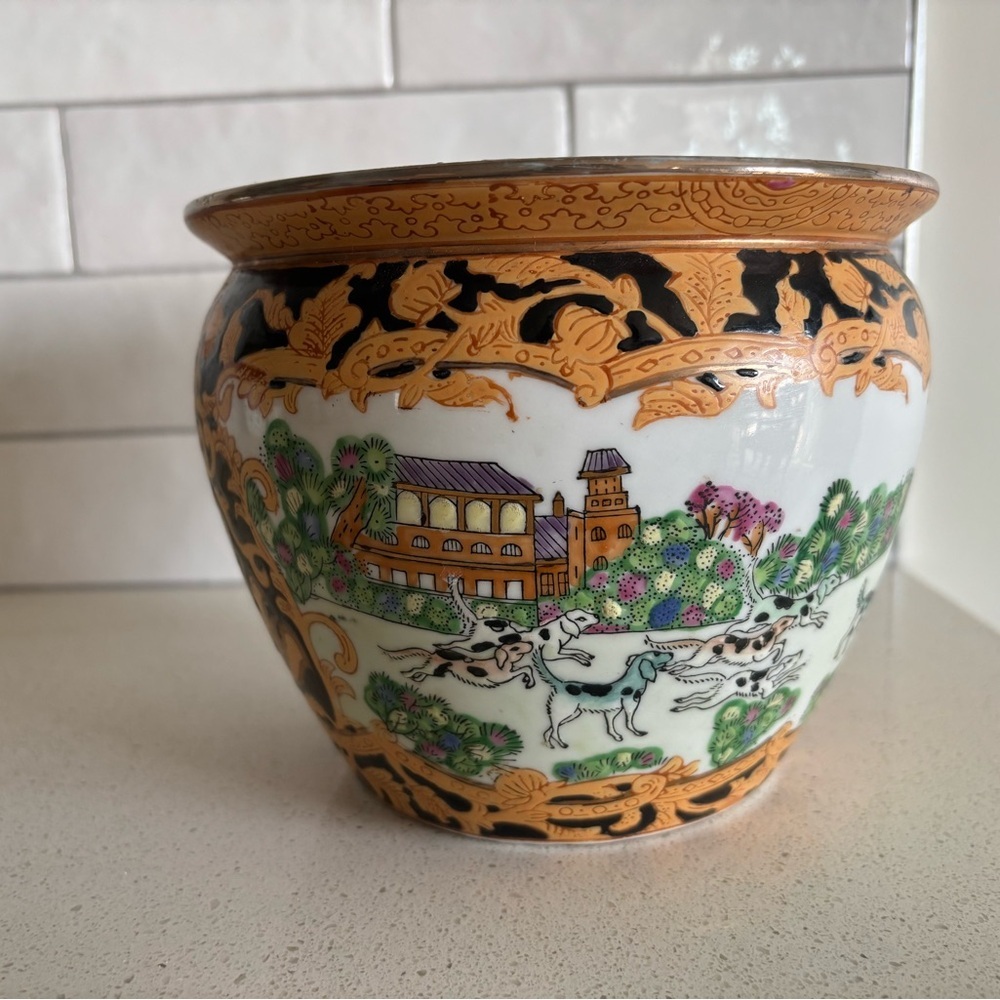 Large 19th Century Chinese Familie Rose Jardinere Planter Hunting Qianlong Mark - Picture 5 of 8